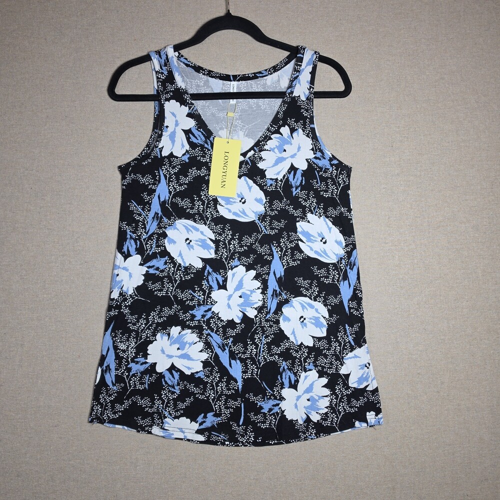 Womens Sleeveless Floral Print Tunic Top Blue & White On Black By Longyuan S